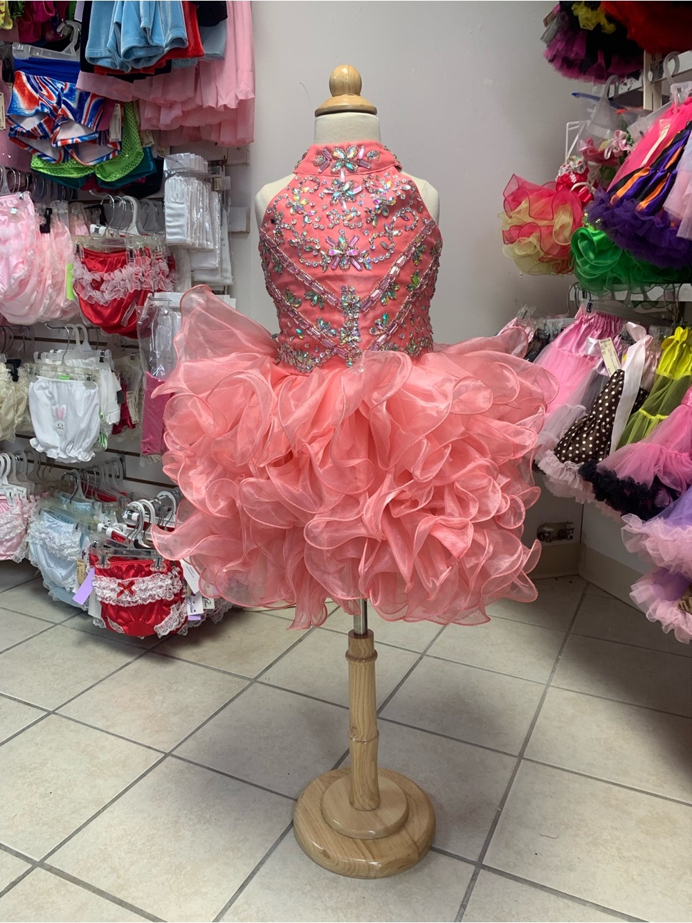 Child Size 5/6 Peachy Beaded Corset Lace Up Back Cupcake Pageant Dress w/Bow NWT